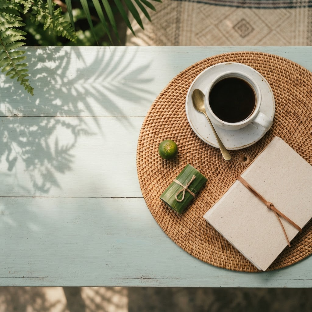 Editorial still life of coffee and a woven abaca placemat, inspired by island life